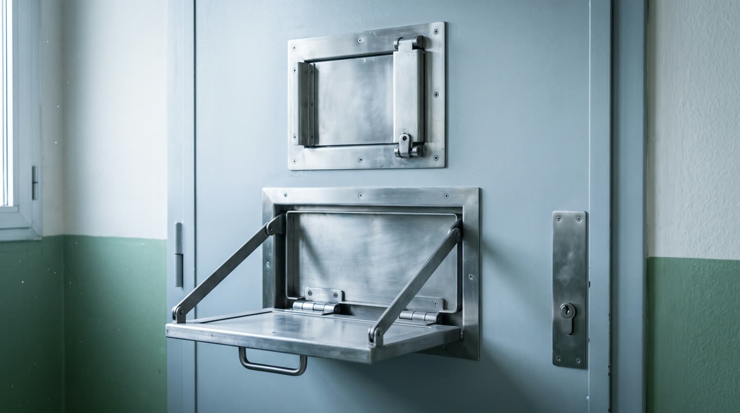 Spioncino e passavivande a ribalta in acciaio inox montati su una porta detentiva
