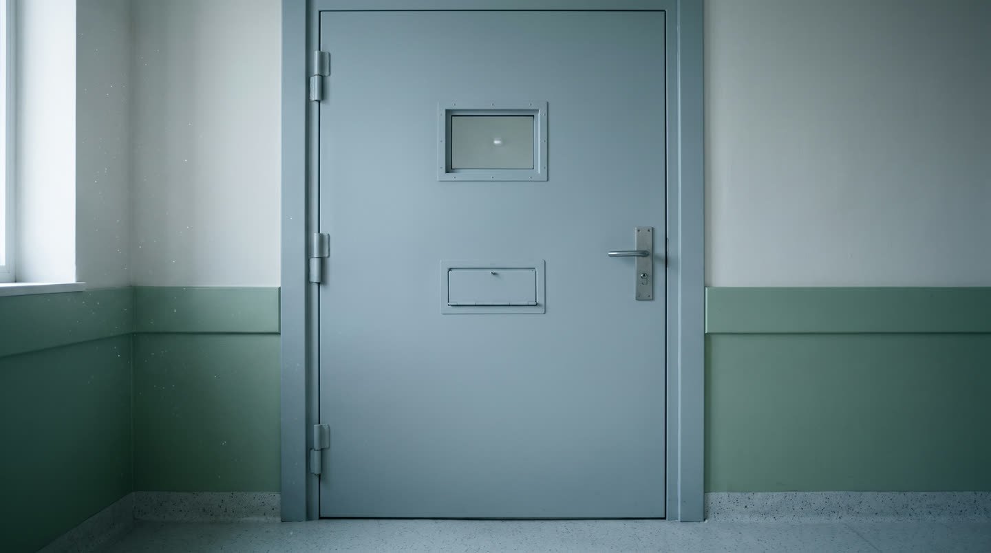 Porta detentiva in acciaio verniciato con spioncino e passavivande a ribalta